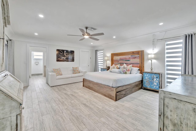 9010 S Lake Dasha Dr, Plantation, FL 33324 - bedroom featuring multiple windows, light wood-style floors, recessed lighting, and a ceiling fan
