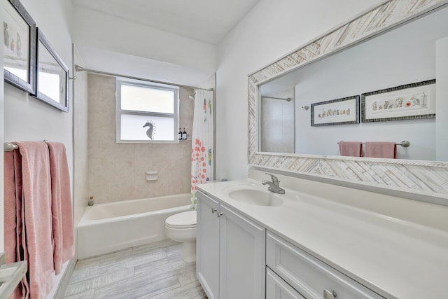 full bathroom with vanity, toilet, and shower / bathtub combination with curtain