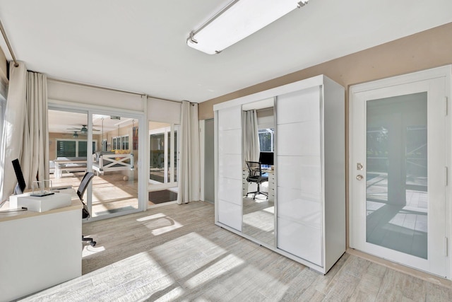 home office with ceiling fan, french doors, and light hardwood / wood-style flooring