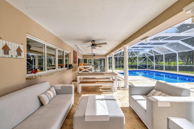 view of swimming pool with a patio area, a lanai, and an outdoor hangout area