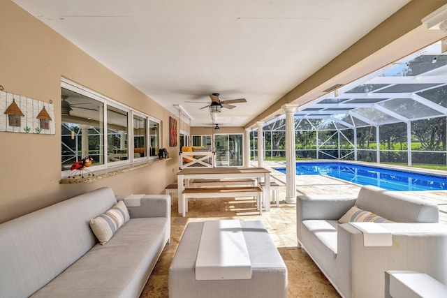9010 S Lake Dasha Dr, Plantation, FL 33324 - swimming pool with an outdoor hangout area, a ceiling fan, a patio area, and glass enclosure