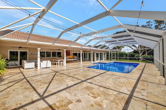 9010 S Lake Dasha Dr, Plantation, FL 33324 - swimming pool featuring a ceiling fan, a patio area, an outdoor living space, and a lanai