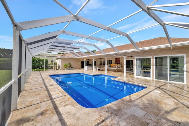 9010 S Lake Dasha Dr, Plantation, FL 33324 - swimming pool featuring an outdoor hangout area, a patio area, and glass enclosure