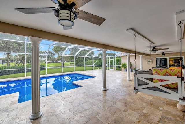 9010 S Lake Dasha Dr, Plantation, FL 33324 - swimming pool with ceiling fan, a patio, and glass enclosure