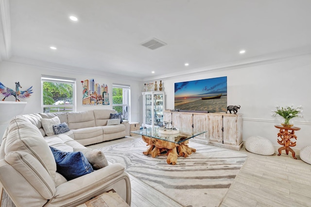 living room featuring ornamental molding and light hardwood / wood-style flooring