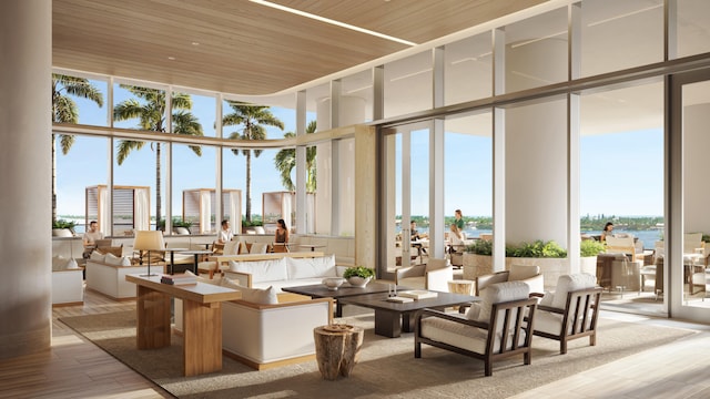 building lobby featuring a water view