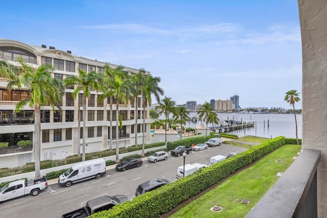 exterior space with a water view