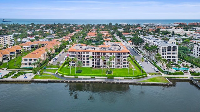 bird's eye view with a water view