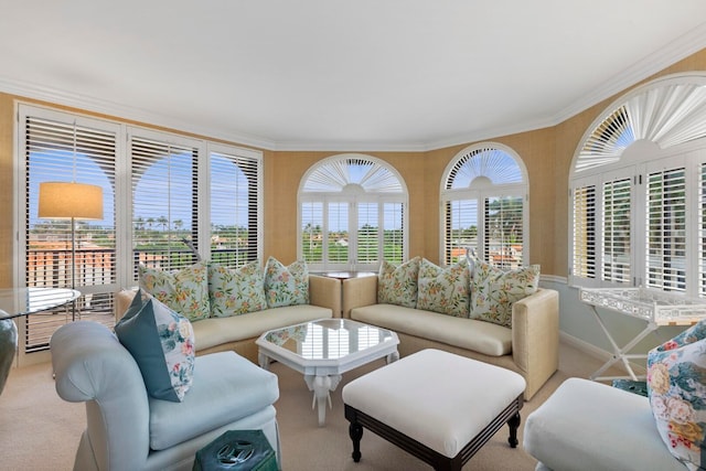 carpeted living room with ornamental molding