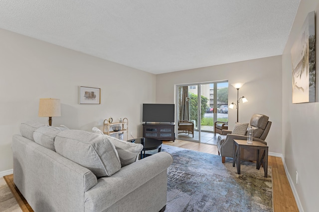 living room with a textured ceiling and light wood-type flooring