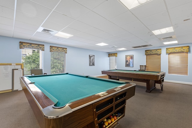 rec room featuring a paneled ceiling, carpet floors, and pool table