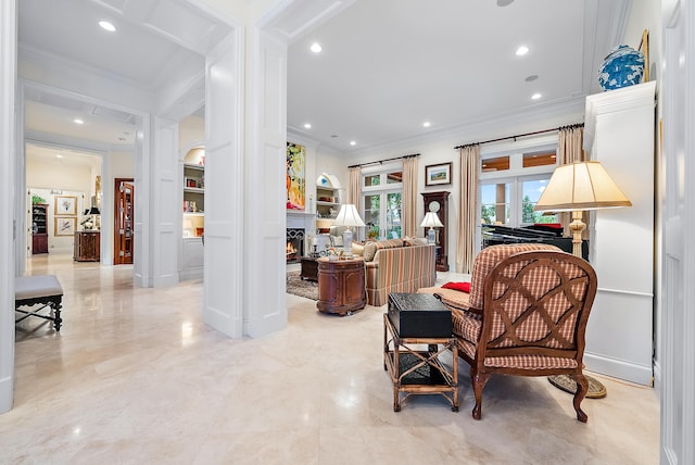 living area with light tile floors and ornamental molding