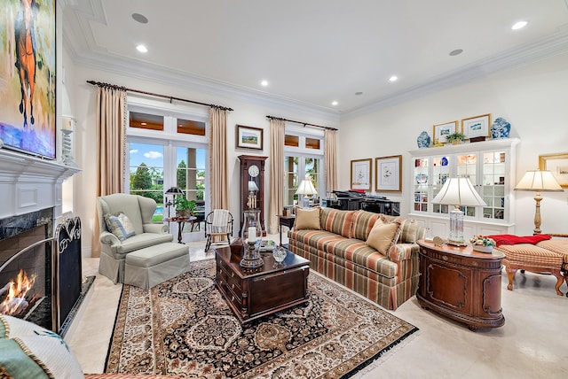 tiled living room featuring crown molding, a premium fireplace, and french doors