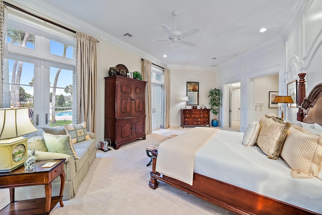 bedroom with ceiling fan, french doors, and crown molding