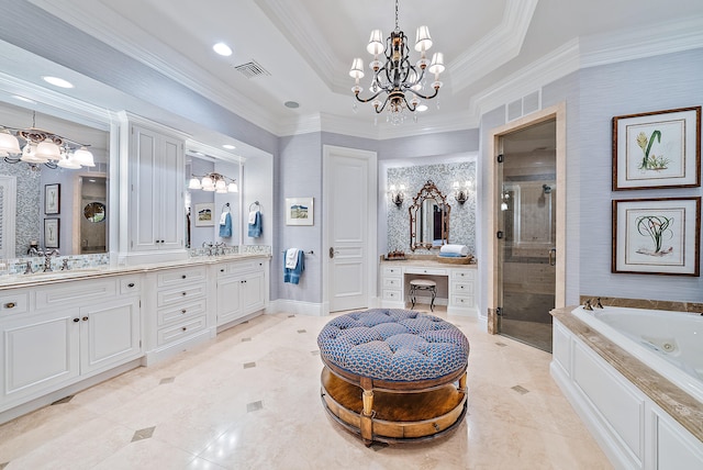 bathroom with a tray ceiling, a notable chandelier, tile flooring, separate shower and tub, and crown molding