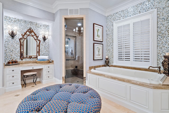 bathroom with shower with separate bathtub, tile flooring, ornamental molding, and vanity