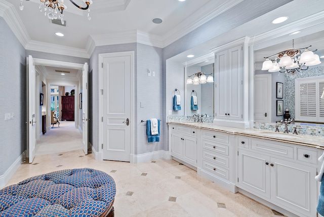 bathroom featuring ornamental molding, a notable chandelier, dual vanity, and tile flooring