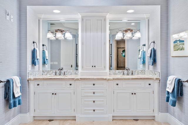 bathroom with double vanity and tile flooring