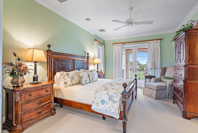 bedroom with ceiling fan, access to exterior, crown molding, french doors, and light colored carpet