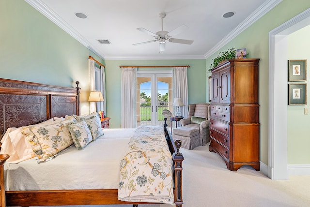 bedroom with ornamental molding, light colored carpet, ceiling fan, and access to outside