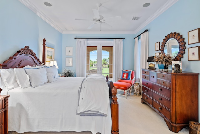 bedroom with ceiling fan, light carpet, access to outside, crown molding, and french doors