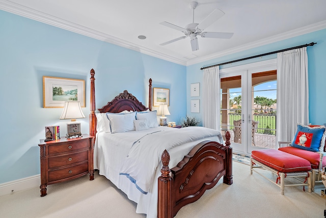 carpeted bedroom featuring ceiling fan, ornamental molding, access to outside, and french doors