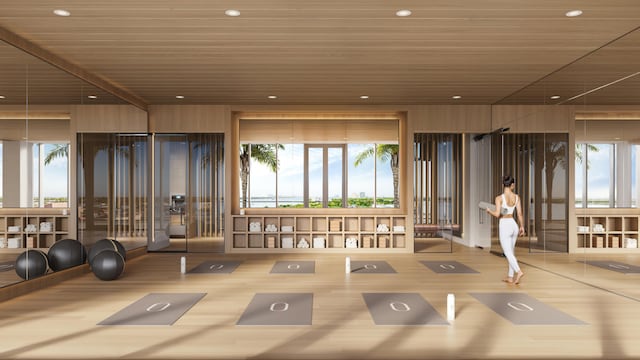 workout area with wooden ceiling