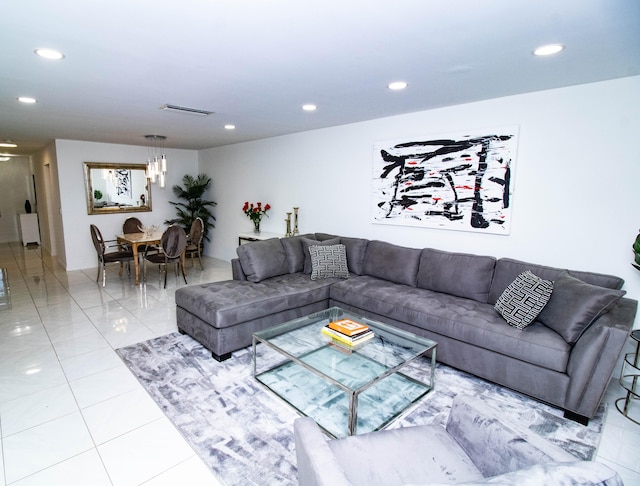 living room with light tile floors