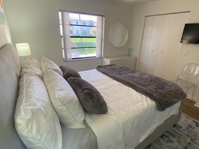 bedroom with dark hardwood / wood-style flooring and a closet