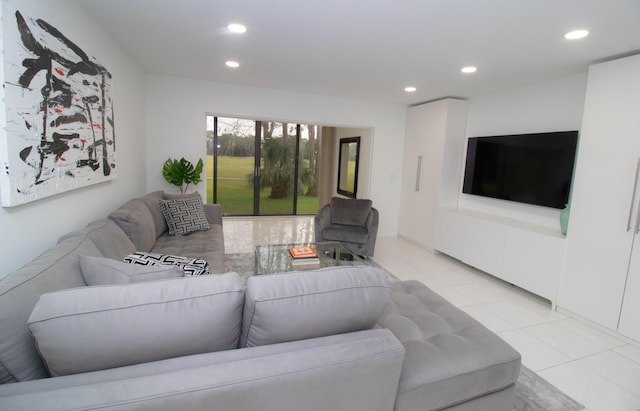 living room with light tile flooring