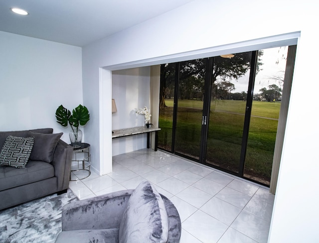 living room with light tile flooring