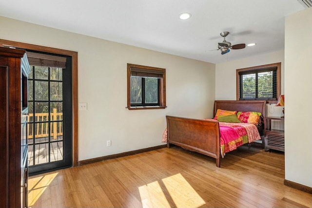 bedroom featuring ceiling fan and light wood-type flooring