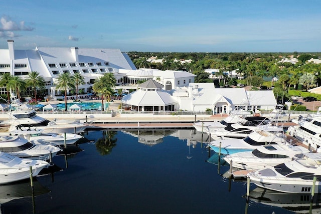 birds eye view of property featuring a water view