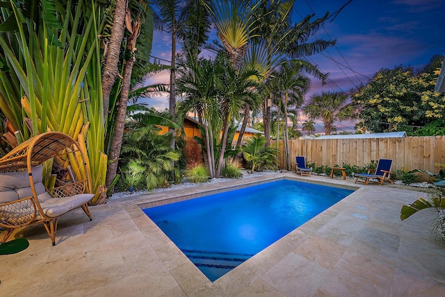 pool at dusk featuring a patio