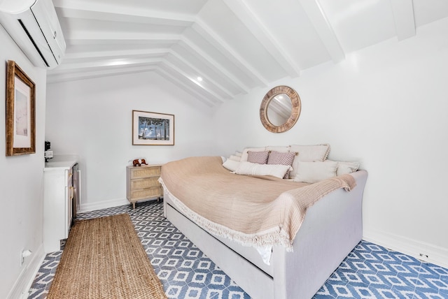 bedroom with vaulted ceiling with beams and a wall mounted AC