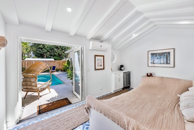 bedroom featuring wine cooler, vaulted ceiling with beams, access to outside, and a wall mounted AC