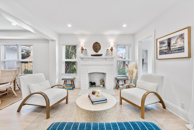 living area featuring wood-type flooring and a fireplace