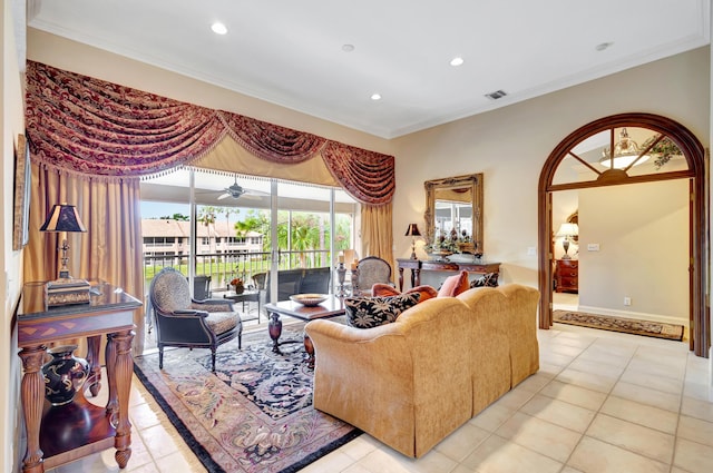 living room with crown molding, light tile patterned flooring, recessed lighting, and visible vents