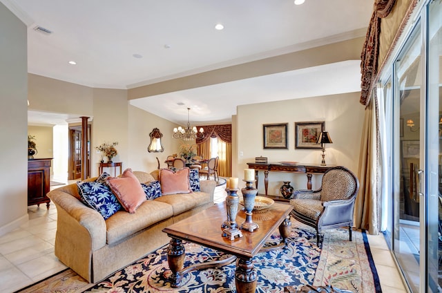 tiled living room featuring a chandelier and crown molding