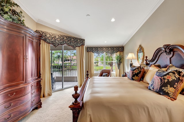 carpeted bedroom with ornamental molding and access to exterior