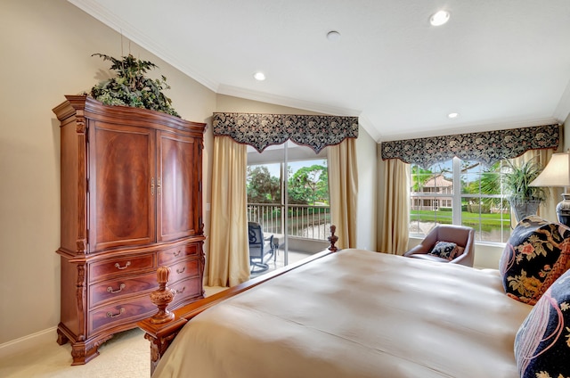 bedroom with light carpet, lofted ceiling, access to outside, and multiple windows