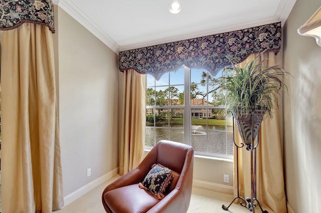 living area with light carpet and ornamental molding