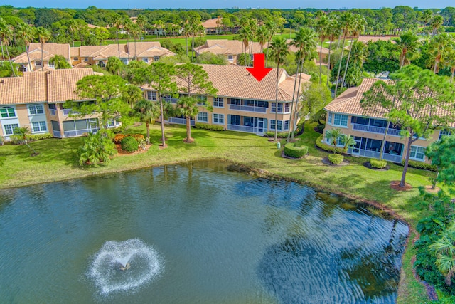 drone / aerial view featuring a water view