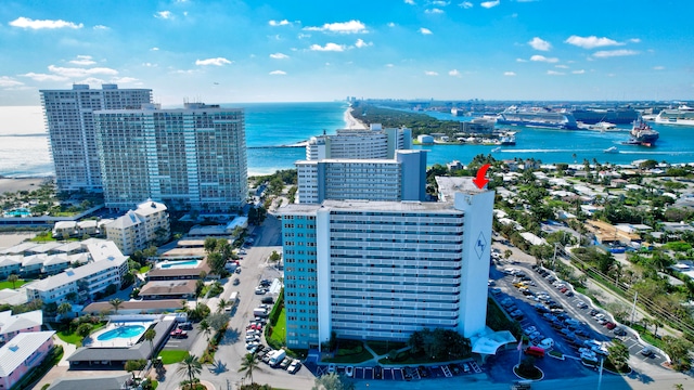 drone / aerial view with a water view and a city view