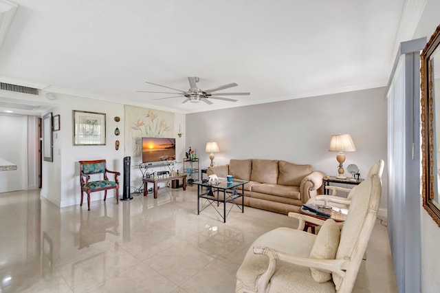 living room featuring light tile flooring, ceiling fan, and crown molding