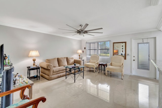 tiled living room featuring ornamental molding and ceiling fan