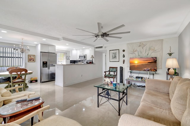 living room featuring light tile floors, ceiling fan with notable chandelier, and ornamental molding