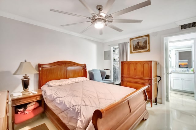 tiled bedroom featuring crown molding, connected bathroom, and ceiling fan