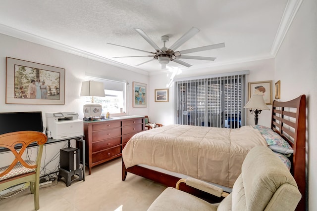 bedroom featuring ornamental molding, a textured ceiling, and ceiling fan