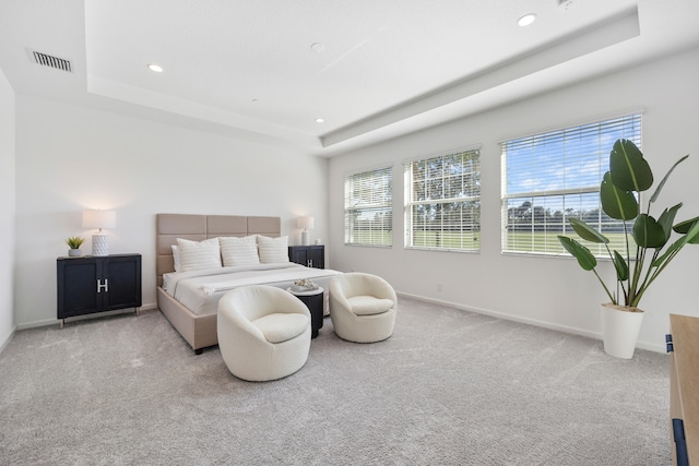 bedroom with light colored carpet and a raised ceiling